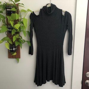 Sparkle & Fade Shoulder Cutout Gray Mockneck Dress